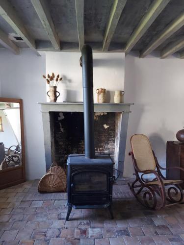 einen Kamin im Wohnzimmer mit Herd in der Unterkunft Maison Figuier - Cottage anglais in Argent-sur-Sauldre