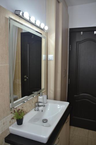 baño con lavabo y espejo grande en Gavri's Relaxing Place, en Brasov