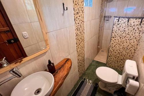 a bathroom with a sink and a toilet and a shower at Cabana Lobo Guará in São Bento do Sapucaí