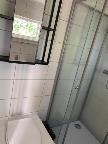 La salle de bains est pourvue de toilettes et d'une douche en verre. dans l'établissement Stuga Bergvik, à Gällö