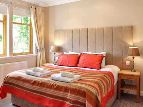 Moulin的住宿－Family Lodge No, 5 - Uk45694，一间卧室配有一张带红色枕头的大床