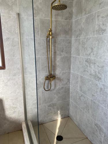 une douche avec une porte vitrée dans une salle de bain dans l'établissement Chalet playa hermosa, à Pichilemu