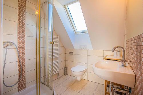 a bathroom with a shower and a toilet and a sink at Holiday Raj in Bešeňová