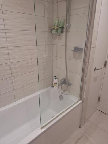 a shower with a glass door next to a tub at Deluxe Single room only for one adult in Northolt