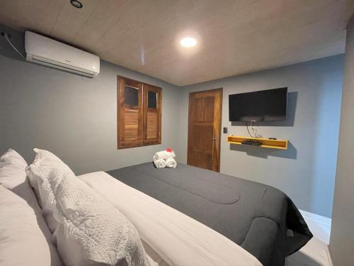 1 dormitorio con 1 cama y TV en la pared en Casa Pé na Areia Noronha en Fernando de Noronha