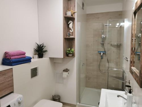 y baño con ducha, aseo y lavamanos. en Apartamenty Wybrzeże Laguna en Ustronie Morskie