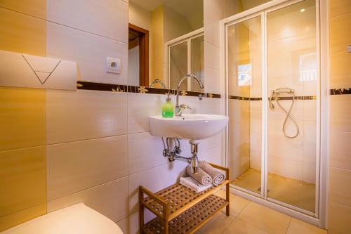 a bathroom with a sink and a shower at Holiday Raj in Bešeňová