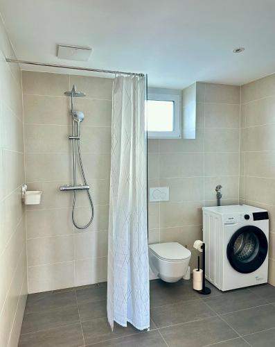 uma casa de banho com um chuveiro, um WC e uma máquina de lavar roupa em Wundtgasse 29 em Viena
