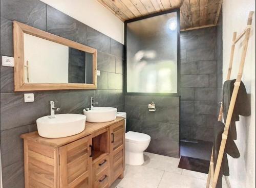 ein Badezimmer mit einem Waschbecken, einem WC und einem Spiegel in der Unterkunft Villa with pool and tropical garden Madagascar in Marokindro