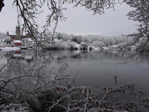 a view of a lake with snow on the water at Ritterstube - Eifelstuben mit Charme, Nähe See und Burg, außergewöhnlich, Vulkaneifel in Ulmen