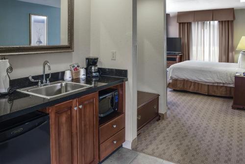 ein Hotelzimmer mit einem Waschbecken und einem Bett in der Unterkunft Hampton Inn & Suites Youngstown-Canfield in Canfield