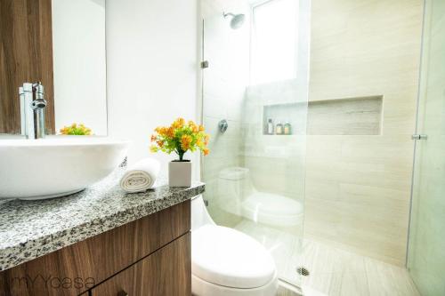 ein Bad mit einem Waschbecken, einem WC und einer Dusche in der Unterkunft Sophisticated Park Venue Apartment Near Polanco - Nadal 101 in Mexiko-Stadt