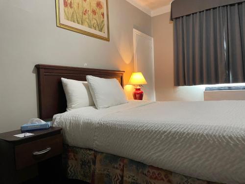 a hotel room with a bed and a lamp and a window at London residency inn in London