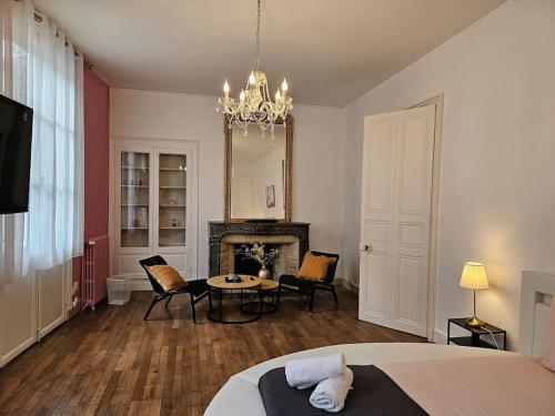 une chambre avec un lit, une table et un lustre dans l'établissement Elegencia-T2 de charme-Hyper centre-Fibre, à Angers