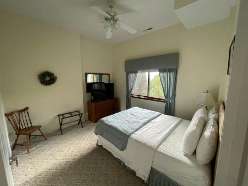 1 dormitorio con cama, ventana y TV en Pisgah View - Year round mountain view!, en Hendersonville