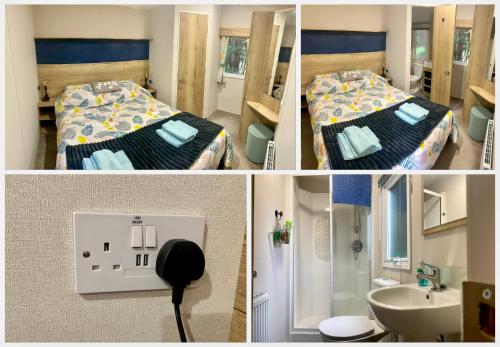 four pictures of a bedroom with a bed and a bathroom at Appleblossom Lodge, Lido Leisure Park, Knaresborough in Knaresborough