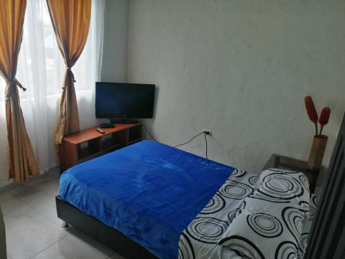 1 dormitorio con 1 cama y TV en Cabaña Campestre de descanso, en Melgar