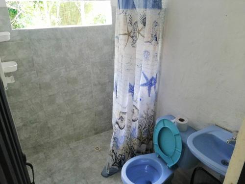 y baño con aseo azul y cortina de ducha. en Cabaña Campestre de descanso, en Melgar