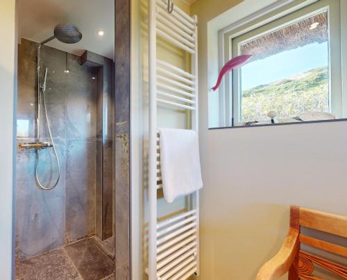 a bathroom with a shower and a window at Strandhaus Höltig in Hörnum