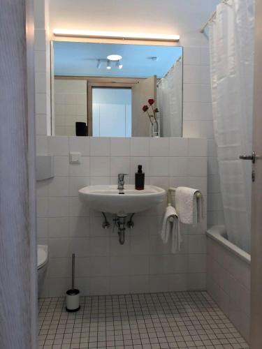 a white bathroom with a sink and a mirror at Nr 14 Lotseninsel in Schönhagen