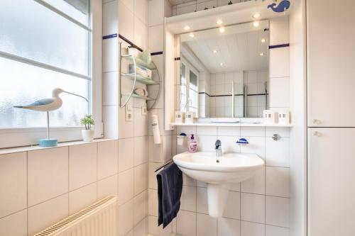 a bathroom with a sink and a mirror at Kronsgaard Pferdekoppel 11 in Kronsgaard