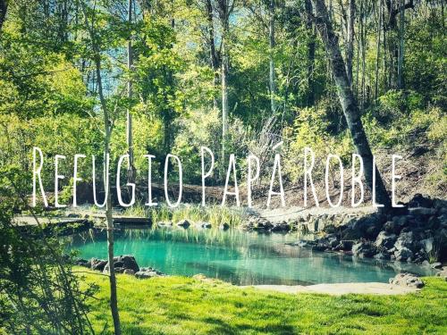 um rio com um sinal que lê o paraíso do frigorífico em Cabaña en el bosque-Termas de Chillán em Recinto