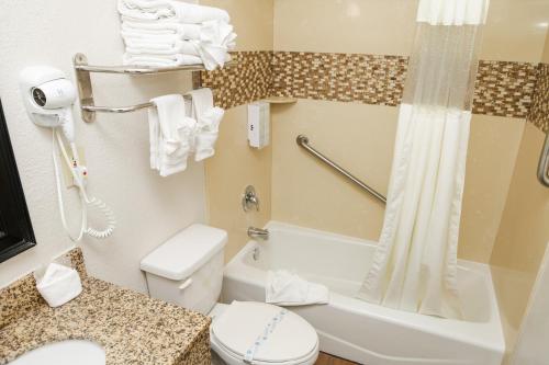 a bathroom with a white toilet and a shower at Sea Breeze Inn - San Simeon in San Simeon