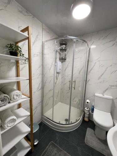 een glazen douche in een badkamer met een toilet bij 5- Large 1 bed Apartment- West Midlands 