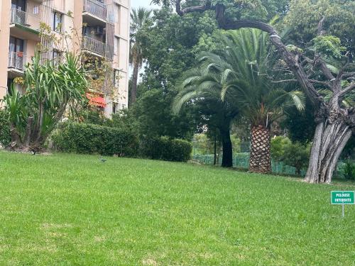 um quintal verde com palmeiras e um edifício em Privât Room In private residence with free parking, 1 minute from tramway, 9 minutes from de center, accessible all transports em Nice