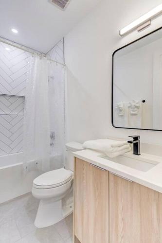 a bathroom with a toilet and a sink and a mirror at Capitol View 3 Penthouse with Rooftop in Washington