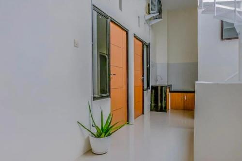 a hallway with orange doors and a potted plant at RedDoorz Syariah near Universitas Muhammadiyah Jember in Jember
