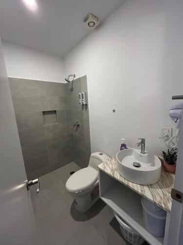 a bathroom with a toilet and a sink and a shower at En el centro de Guadalajara con vista a la ciudad in Guadalajara