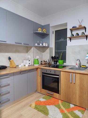 a kitchen with white cabinets and a kitchen rug at Regis Apartment in Tirana