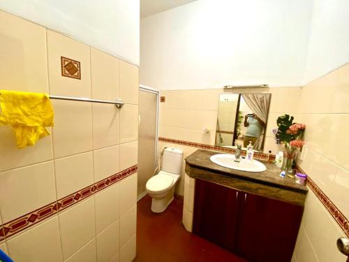 uma casa de banho com um lavatório, um WC e um espelho. em Mount view residences em Ratmalana