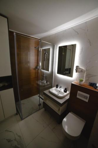 a bathroom with a shower and a toilet and a sink at ZLATIBORSKO JEZERO 2 Lux&Spa in Zlatibor