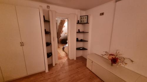 a white room with a hallway with a mirror at Ruheoase am Waldrand - auf 90qm sind nicht nur die Eltern und bis zu 5 Kinder willkommen, auch Hunde und Katzen sind willkommen in Laichingen