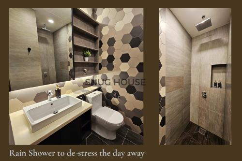 Romantic Log Cabin 3 - in the Heart of KL city (walk to KL Tower/KLCC/Bukit Bintang) في كوالالمبور: حمام مع حوض ومرحاض ومرآة
