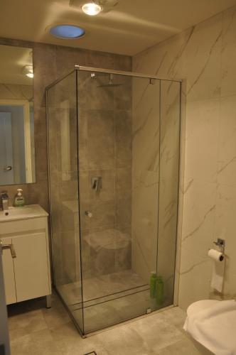 W łazience znajduje się prysznic ze szklanymi drzwiami. w obiekcie Modern 3-bedroom Katoomba townhouse (nature view) w mieście Katoomba