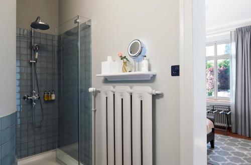ein Badezimmer mit einer Dusche mit einem Heizkörper und einem Spiegel in der Unterkunft Signau House & Garden Boutique Hotel Zürich in Zürich