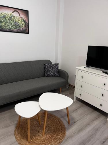sala de estar con sofá, mesa y TV en Apartmány na Trojce, en Žatec