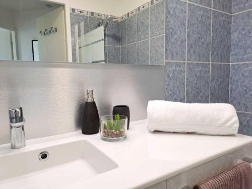 uma casa de banho com um lavatório branco e um espelho. em Browny Home*Vue montagne*proximité grands axes em Bonneville