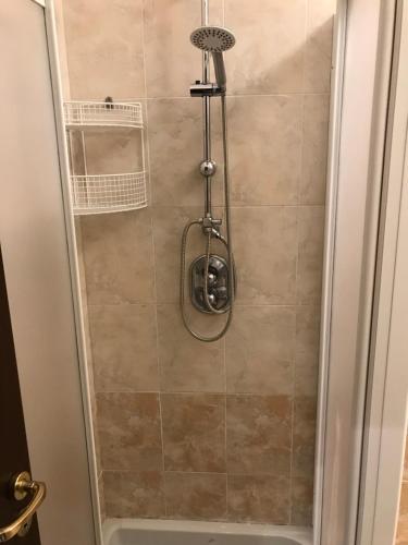 a shower with a shower head in a bathroom at Appartamento Alfieri in Asti