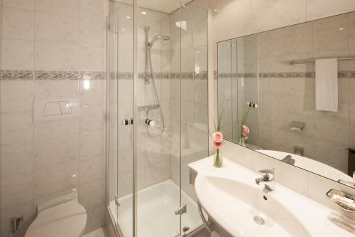 a bathroom with a shower and a toilet and a sink at Hotel Elisabeth in Schoppernau