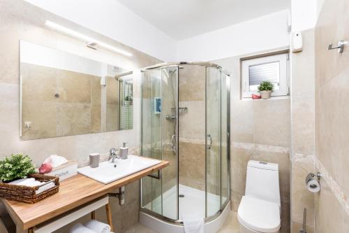 a bathroom with a shower and a toilet and a sink at Hilson Jasna - Garden resort in Liptovský Mikuláš