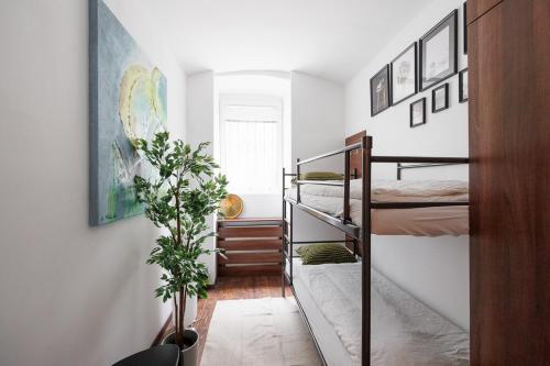 a small room with two bunk beds and a plant at Vienna City Business Rooms in Vienna