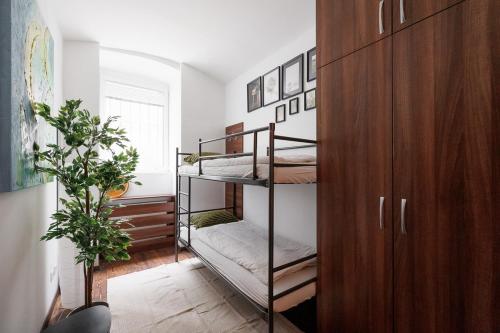 Zimmer mit 3 Etagenbetten und einem Holzschrank in der Unterkunft Vienna City Business Rooms in Wien