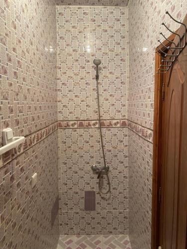 a shower in a bathroom with a tiled wall at appartement traditional cozy in Tangier