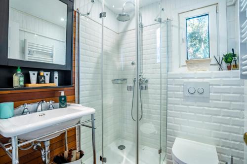 La salle de bains est pourvue d'un lavabo et d'une douche. dans l'établissement Casa Bambou An hidden gem near Saint Tropez with private pool, à Gassin