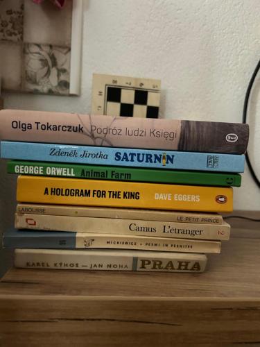 uma pilha de livros sentados numa mesa em Guesthouse D&D em Ličko Petrovo Selo