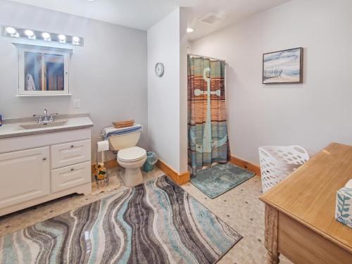 ein Badezimmer mit Toilette, Waschbecken und Dusche in der Unterkunft Anchors Away Cottage on Big Spirit Lake in Orleans